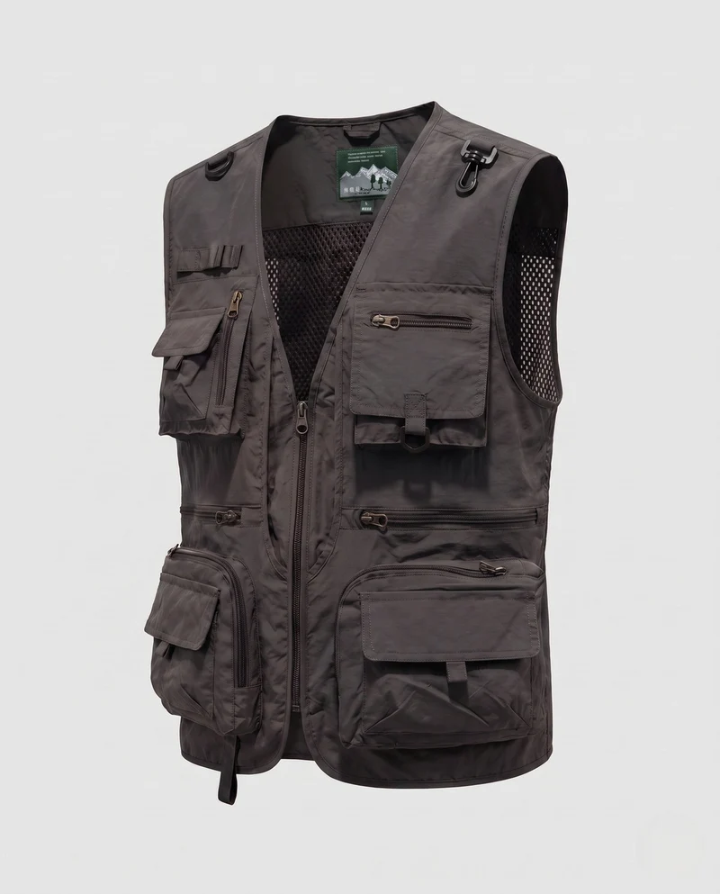 Herren Cargo-Angler-Utility-Weste mit Mesh-Einsätzen und verschiedenen Reißverschluss- und Klappenfächern