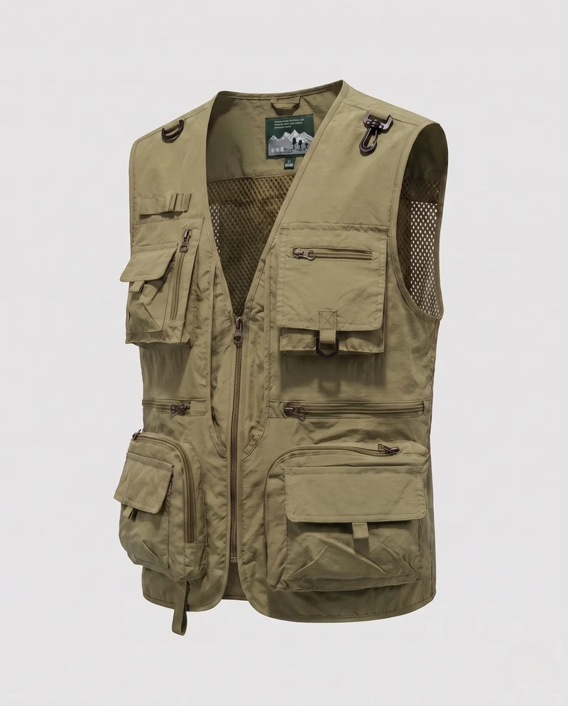 Herren Cargo-Angler-Utility-Weste mit Mesh-Einsätzen und verschiedenen Reißverschluss- und Klappenfächern