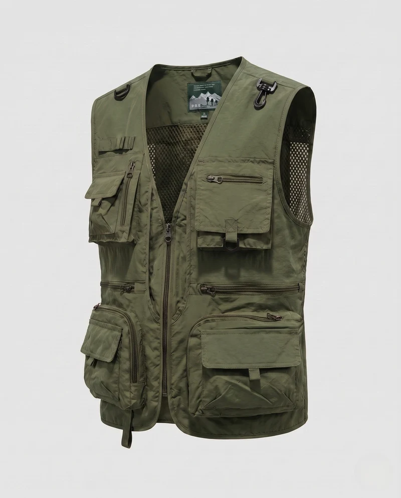 Herren Cargo-Angler-Utility-Weste mit Mesh-Einsätzen und verschiedenen Reißverschluss- und Klappenfächern