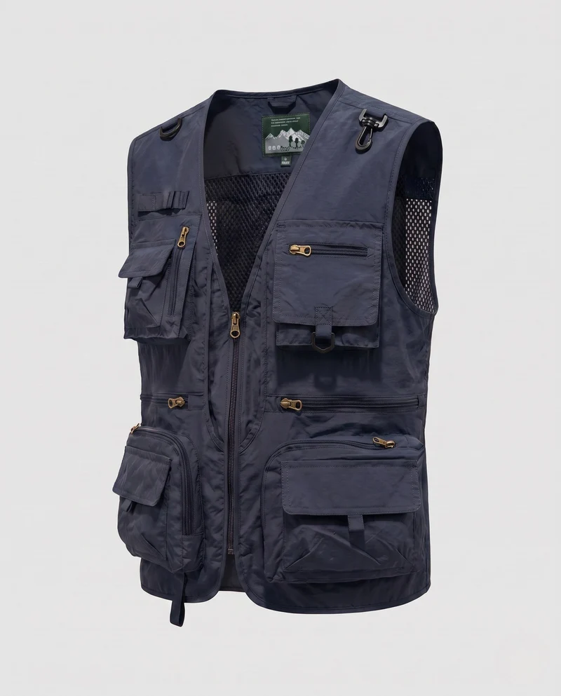 Herren Cargo-Angler-Utility-Weste mit Mesh-Einsätzen und verschiedenen Reißverschluss- und Klappenfächern