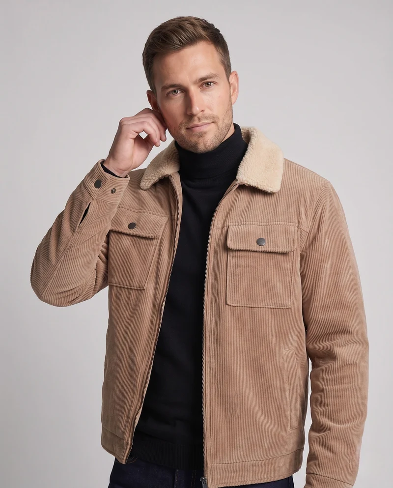 Männer Cord Feldjacke mit Teddy-Kragen, wärmendem Fleece-Futter und multifunktionalen Brusttaschen