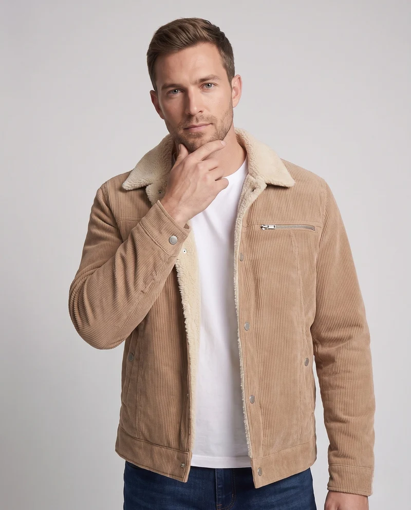 Herren Cord Arbeitsjacke mit Teddyfleece-Futter und Brustreißverschluss