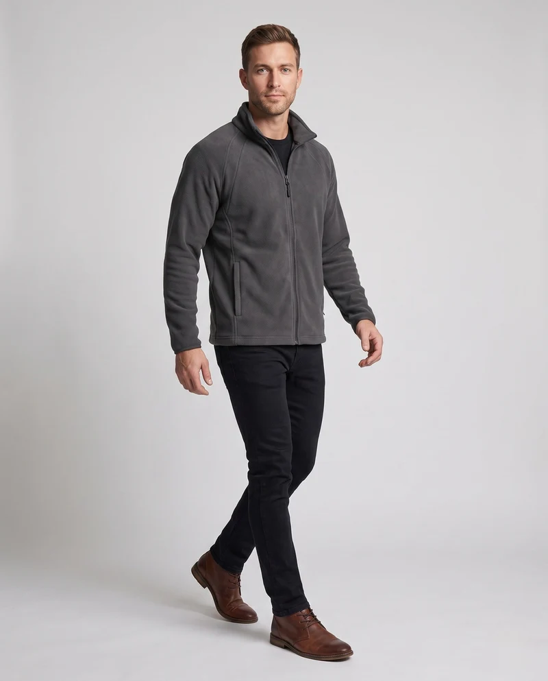 Herren Fleece Trekkingjacke mit Stehkragen, Raglanärmeln und verborgenem Reißverschluss
