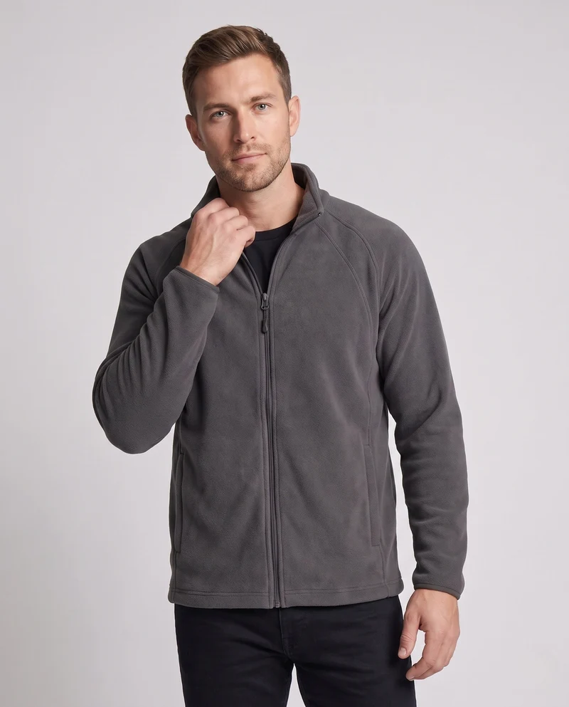 Herren Fleece Trekkingjacke mit Stehkragen, Raglanärmeln und verborgenem Reißverschluss