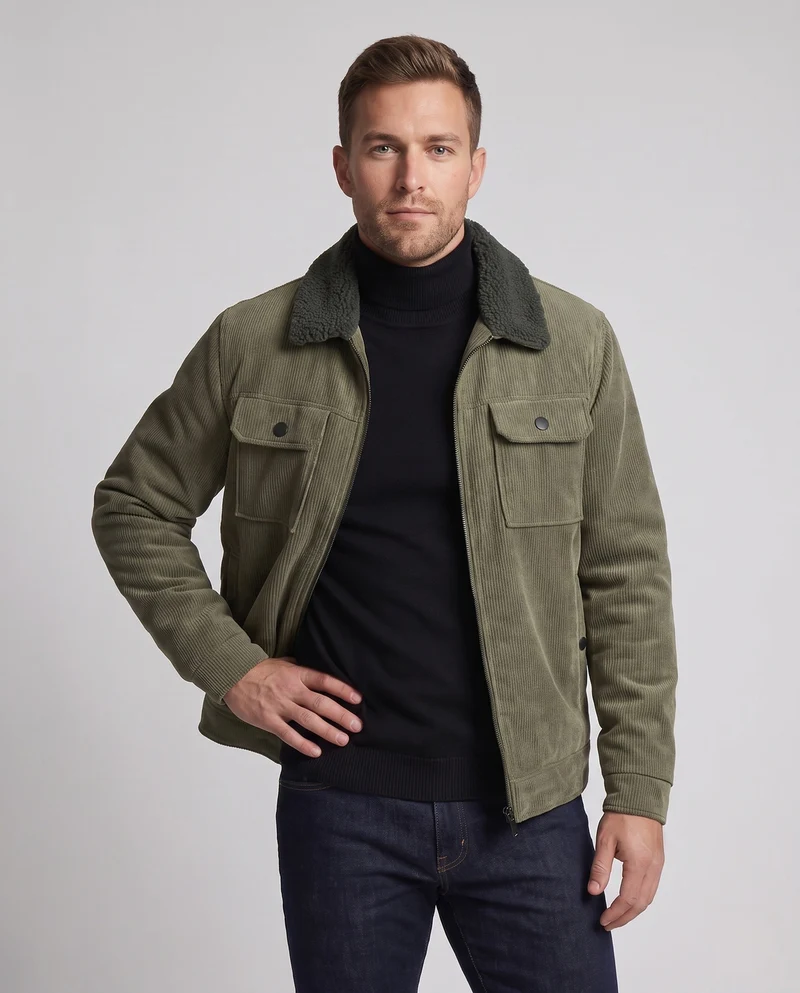 Herren gepolsterte Cordjacke mit Sherpa-Kragen, Reißverschluss und aufgesetzten Brusttaschen