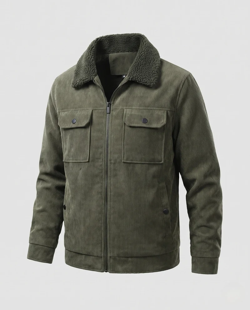 Herren gepolsterte Cordjacke mit Sherpa-Kragen, Reißverschluss und aufgesetzten Brusttaschen