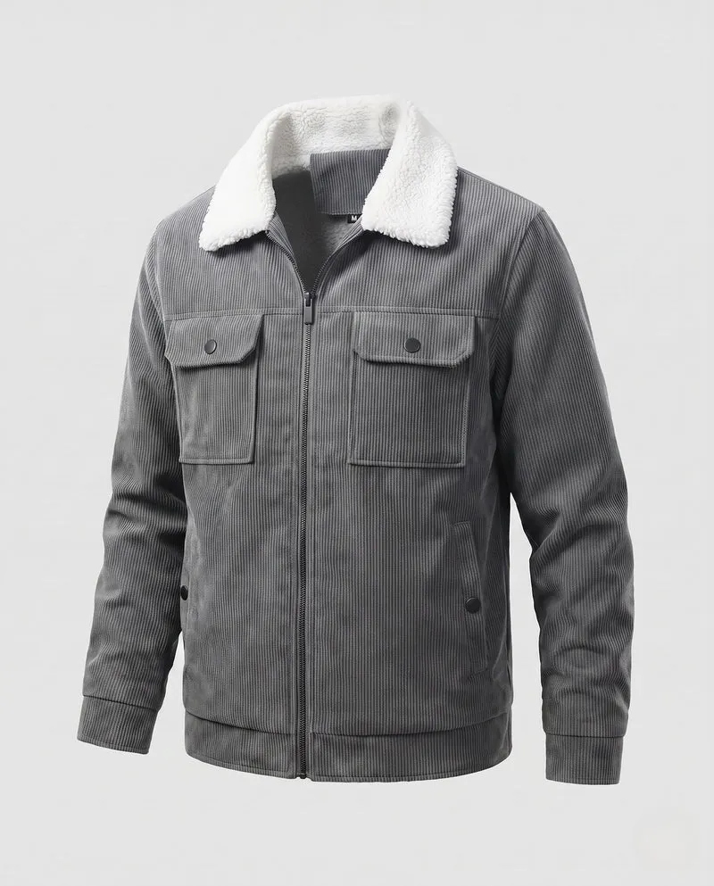 Herren gepolsterte Cordjacke mit Sherpa-Kragen, Reißverschluss und aufgesetzten Brusttaschen