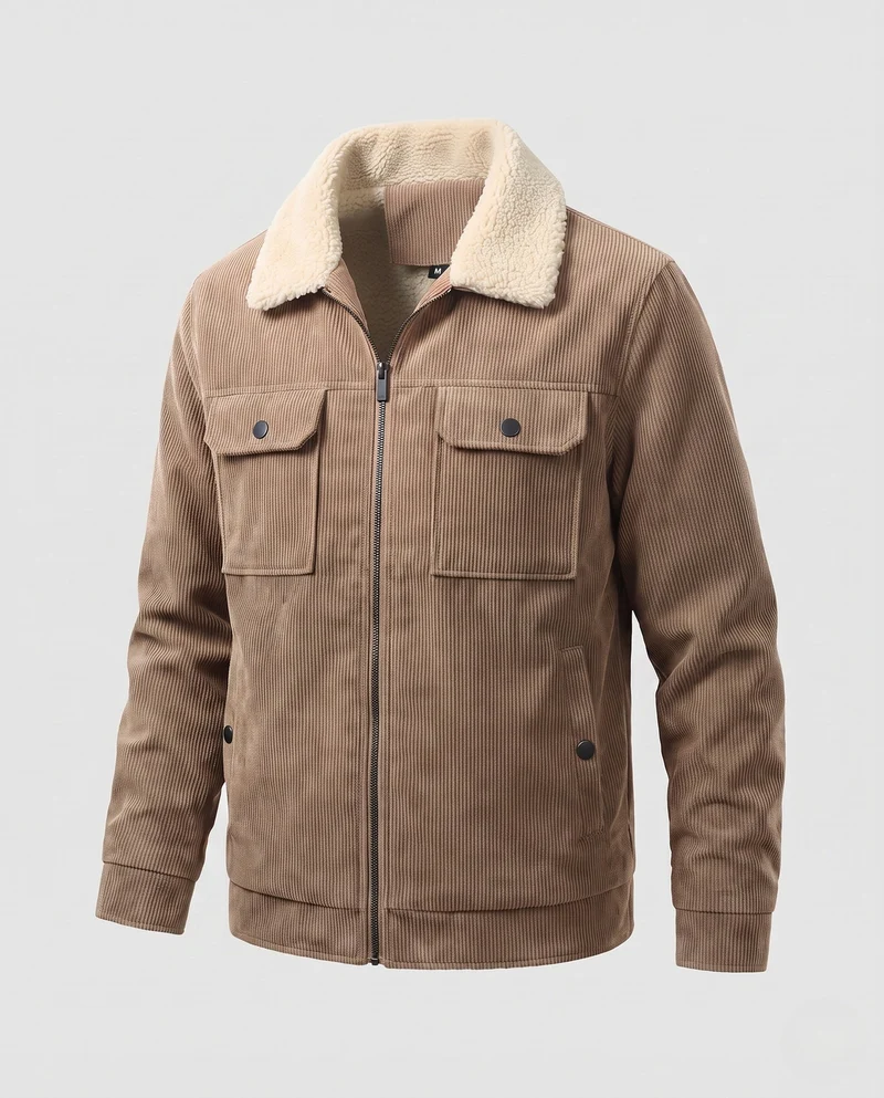 Herren gepolsterte Cordjacke mit Sherpa-Kragen, Reißverschluss und aufgesetzten Brusttaschen