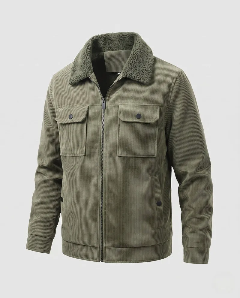 Herren gepolsterte Cordjacke mit Sherpa-Kragen, Reißverschluss und aufgesetzten Brusttaschen