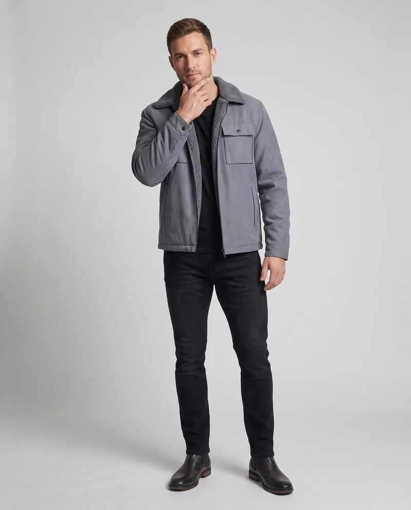 Herren isolierte Teddy-Fleece-Arbeitsjacke mit Stehkragen und Brustklappentasche