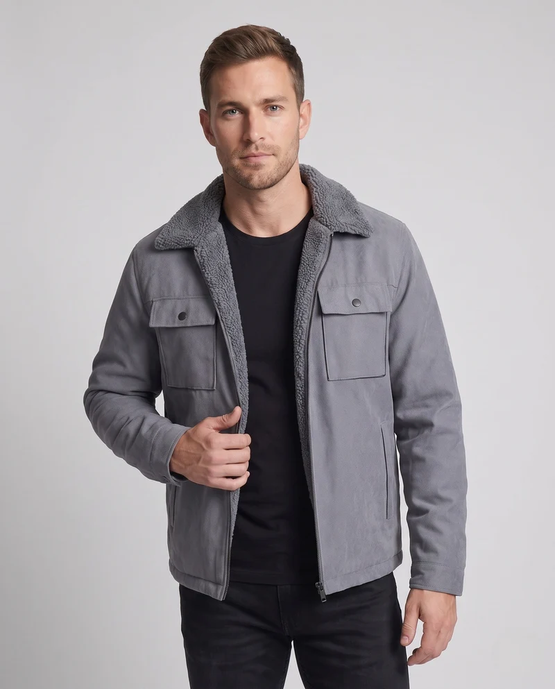 Herren isolierte Teddy-Fleece-Arbeitsjacke mit Stehkragen und Brustklappentasche