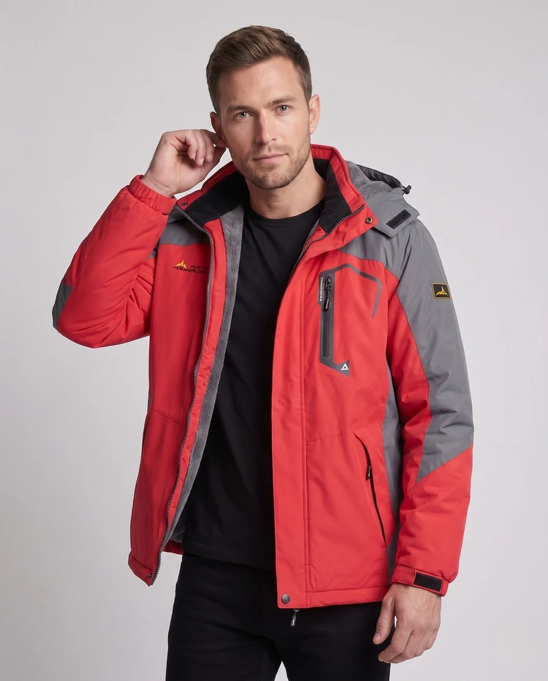 Herren isolierte winddichte Outdoor-Skijacke mit Fleece-Futter, verstellbarer Kapuze und funktionellem Reißverschluss