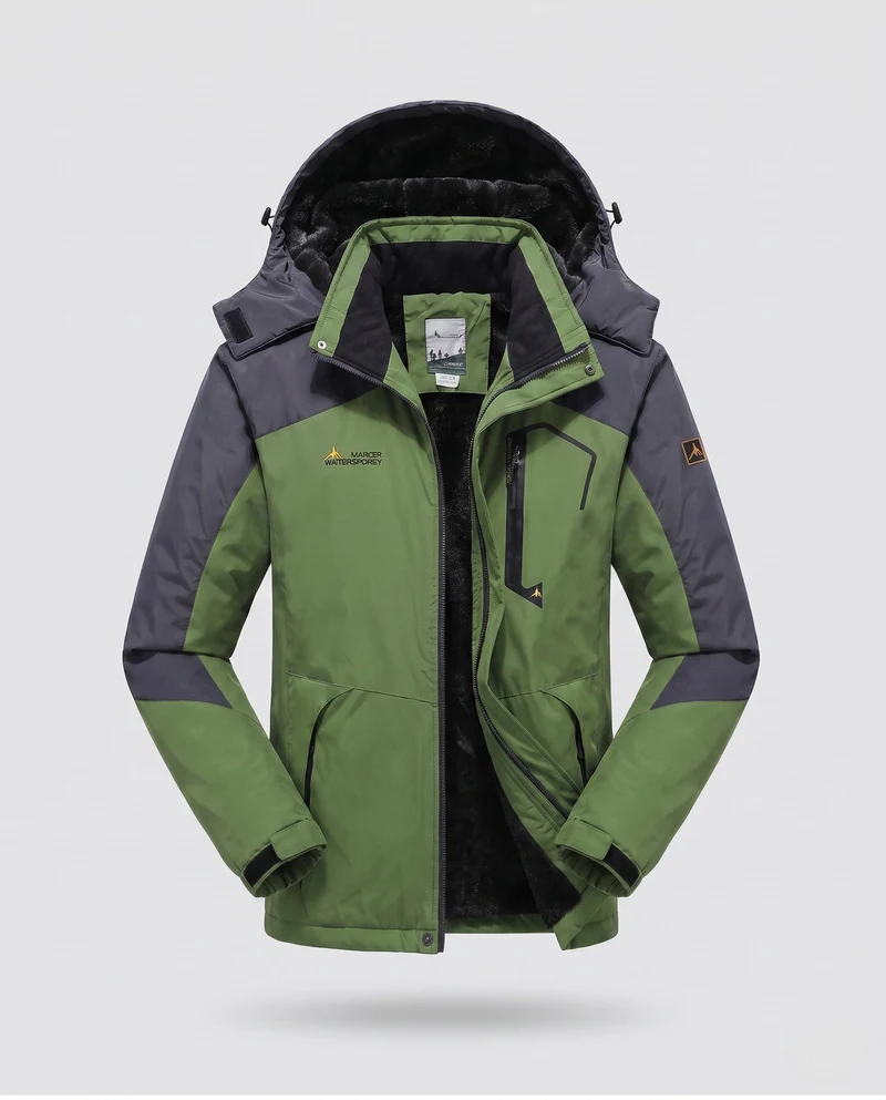Herren isolierte winddichte Outdoor-Skijacke mit Fleece-Futter, verstellbarer Kapuze und funktionellem Reißverschluss