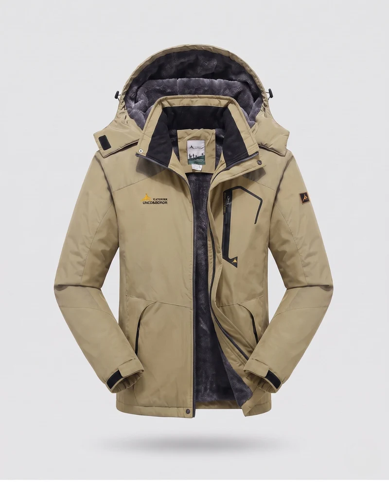 Herren isolierte winddichte Outdoor-Skijacke mit Fleece-Futter, verstellbarer Kapuze und funktionellem Reißverschluss