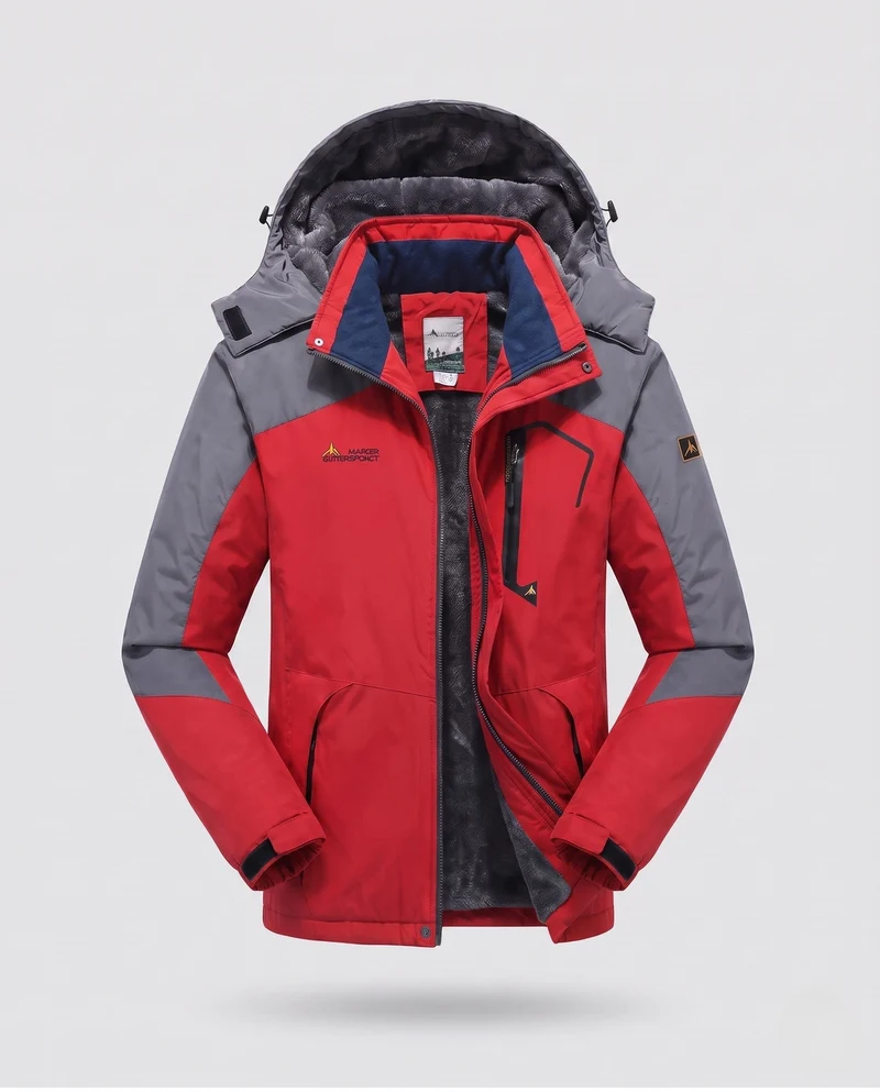 Herren isolierte winddichte Outdoor-Skijacke mit Fleece-Futter, verstellbarer Kapuze und funktionellem Reißverschluss