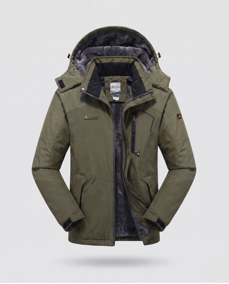 Herren isolierte winddichte Outdoor-Skijacke mit Fleece-Futter, verstellbarer Kapuze und funktionellem Reißverschluss