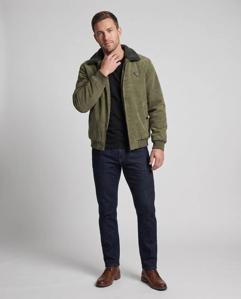Herren gepolsterte Cordjacke mit Teddy-Innenfutter, Stehkragen und verdecktem Reißverschluss