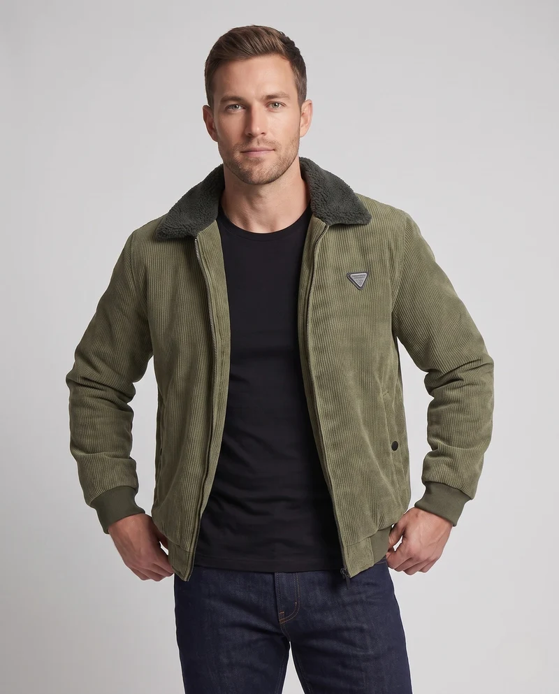 Herren gepolsterte Cordjacke mit Teddy-Innenfutter, Stehkragen und verdecktem Reißverschluss