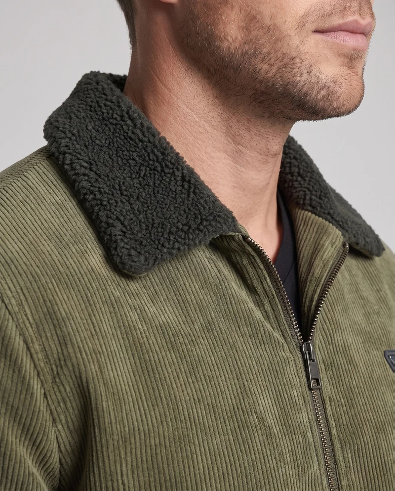 Herren gepolsterte Cordjacke mit Teddy-Innenfutter, Stehkragen und verdecktem Reißverschluss