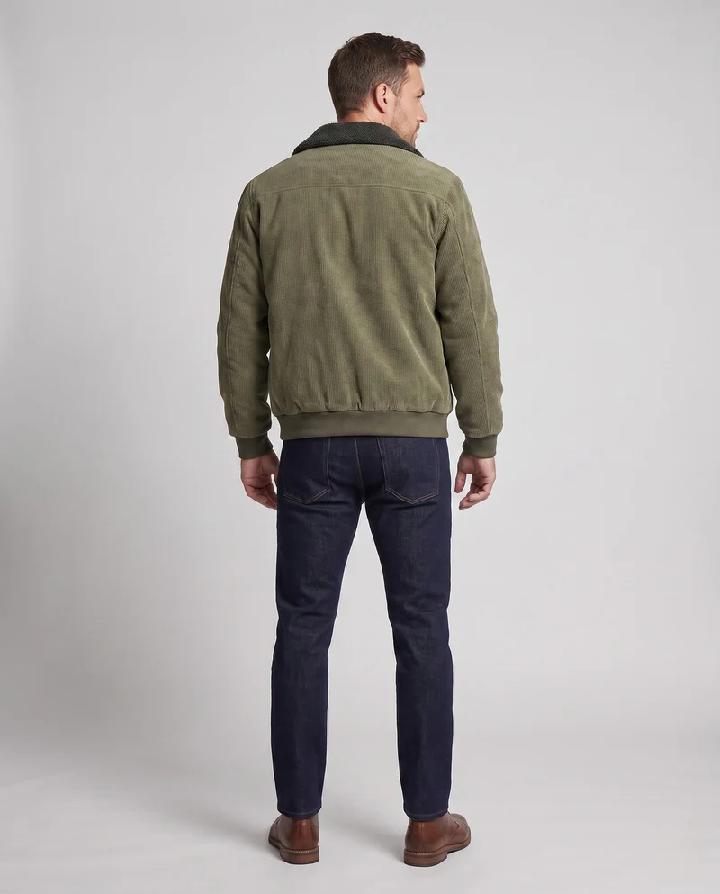 Herren gepolsterte Cordjacke mit Teddy-Innenfutter, Stehkragen und verdecktem Reißverschluss