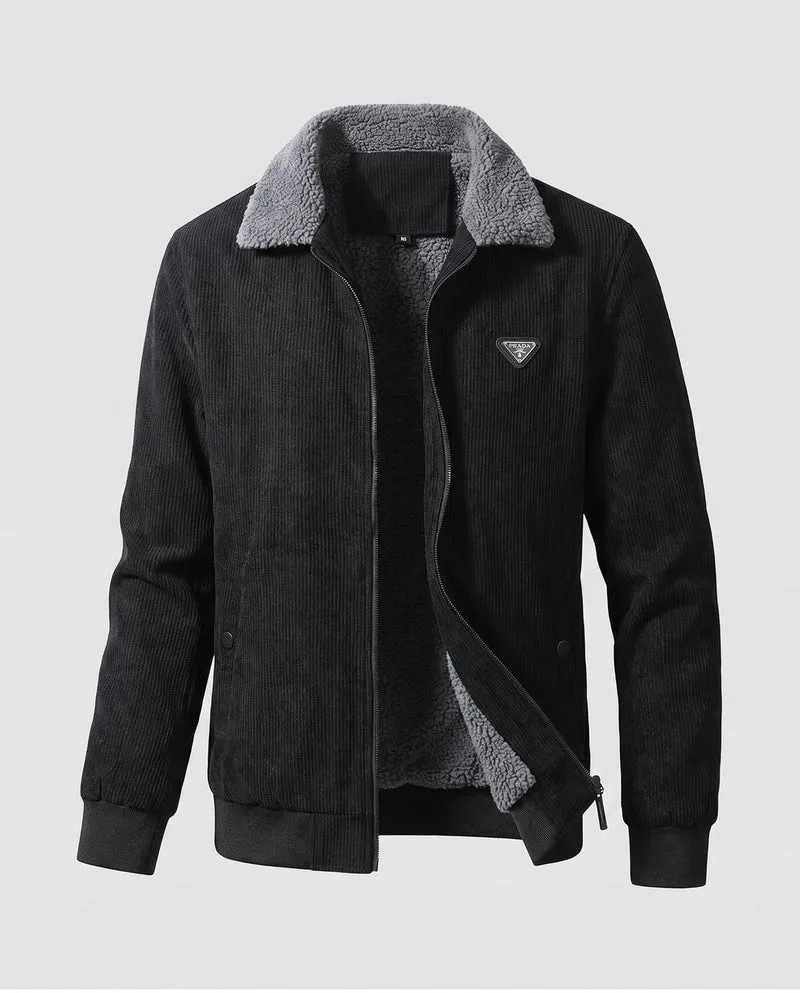 Herren gepolsterte Cordjacke mit Teddy-Innenfutter, Stehkragen und verdecktem Reißverschluss
