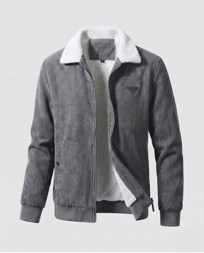 Herren gepolsterte Cordjacke mit Teddy-Innenfutter, Stehkragen und verdecktem Reißverschluss