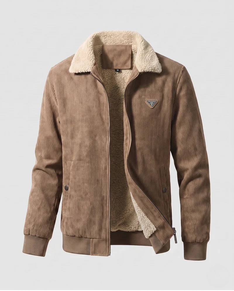 Herren gepolsterte Cordjacke mit Teddy-Innenfutter, Stehkragen und verdecktem Reißverschluss