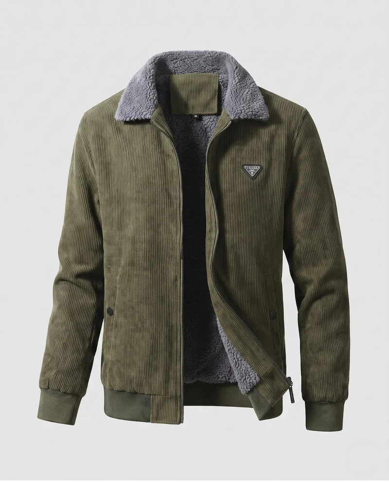 Herren gepolsterte Cordjacke mit Teddy-Innenfutter, Stehkragen und verdecktem Reißverschluss
