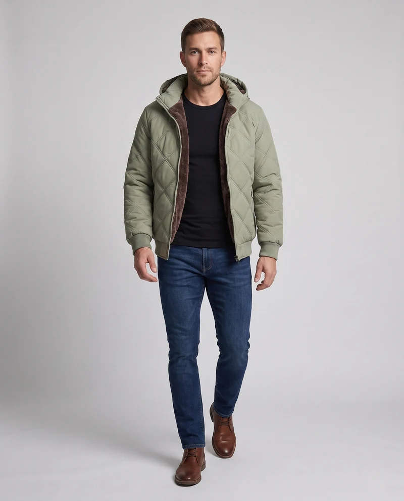 Herren gesteppte Kapuzenjacke mit dickem Teddyfutter, Diamantsteppung und winddichter Außenmembran