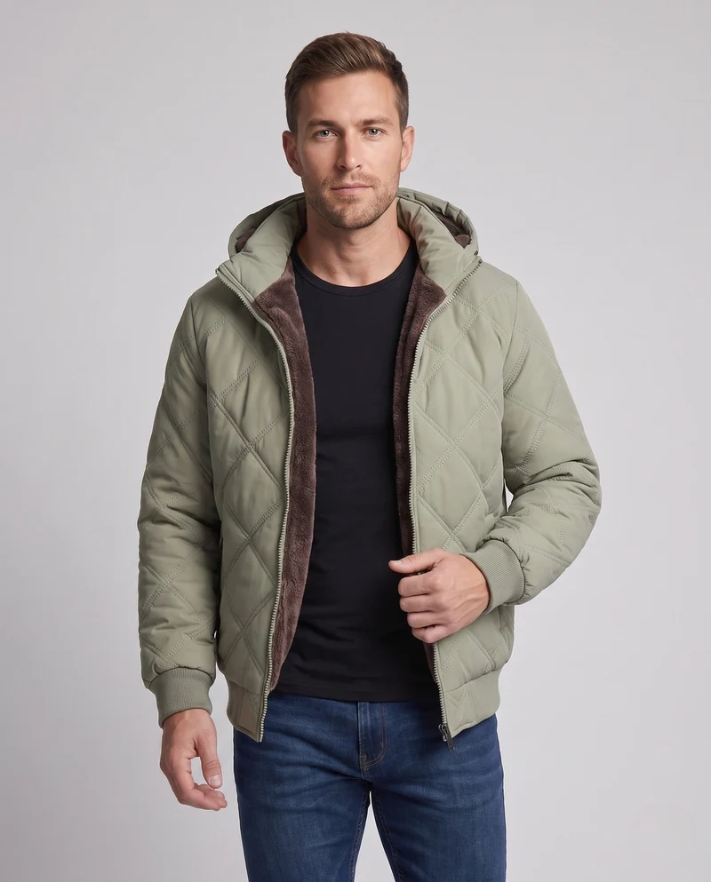 Herren gesteppte Kapuzenjacke mit dickem Teddyfutter, Diamantsteppung und winddichter Außenmembran