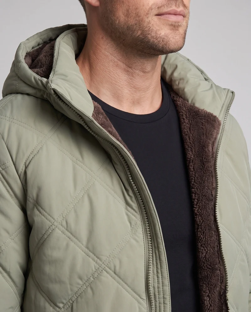 Herren gesteppte Kapuzenjacke mit dickem Teddyfutter, Diamantsteppung und winddichter Außenmembran