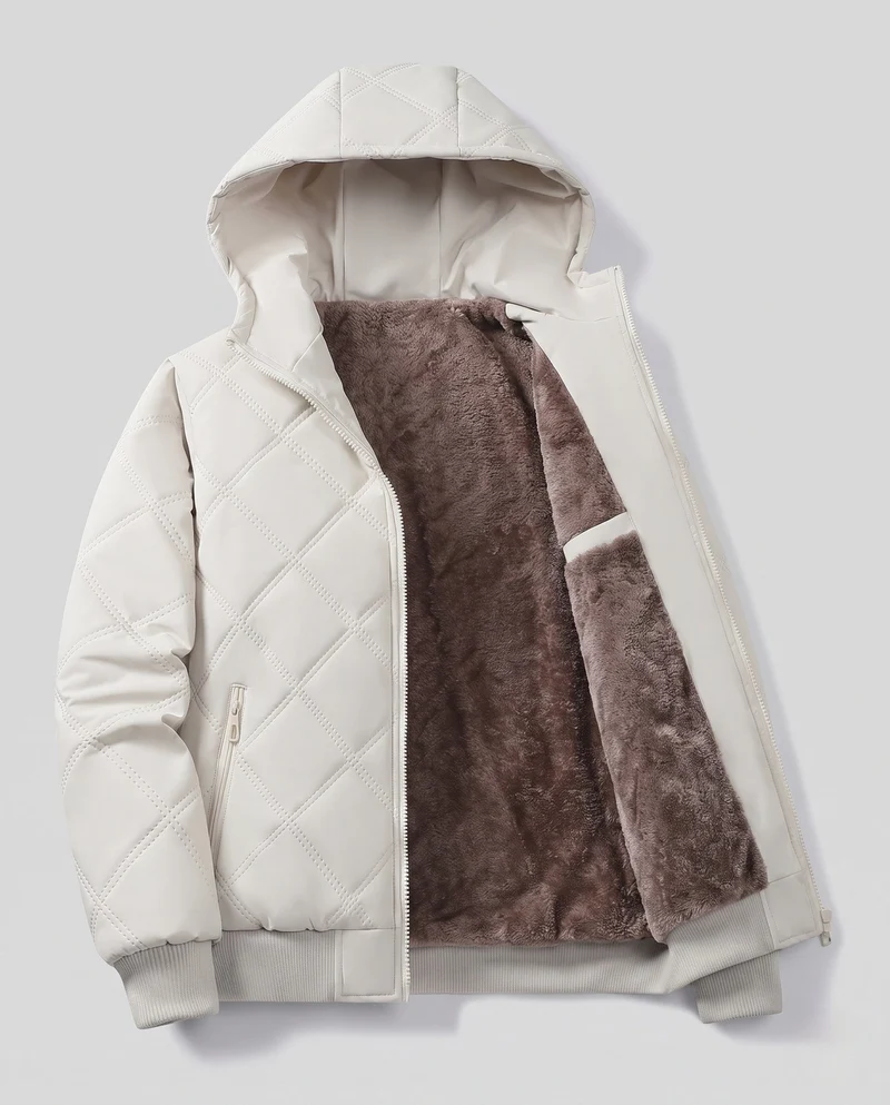 Herren gesteppte Kapuzenjacke mit dickem Teddyfutter, Diamantsteppung und winddichter Außenmembran