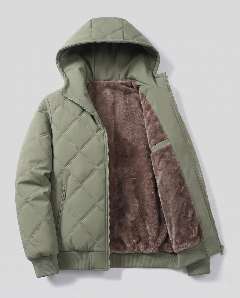 Herren gesteppte Kapuzenjacke mit dickem Teddyfutter, Diamantsteppung und winddichter Außenmembran