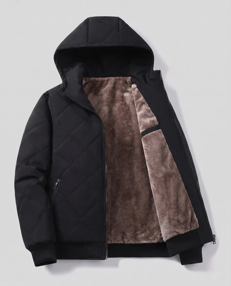 Herren gesteppte Kapuzenjacke mit dickem Teddyfutter, Diamantsteppung und winddichter Außenmembran