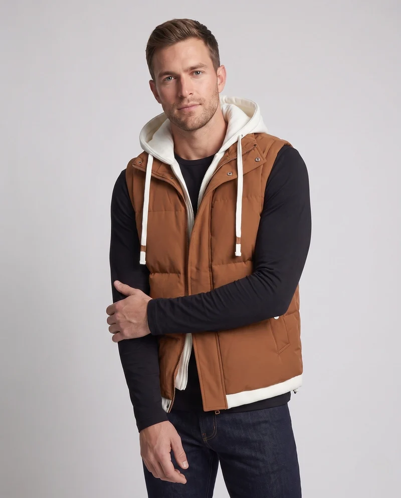Männer gesteppte Kapuzenweste im Lagenlook mit weichem Fleece-Futter