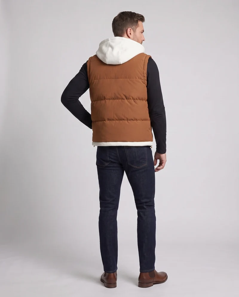Männer gesteppte Kapuzenweste im Lagenlook mit weichem Fleece-Futter