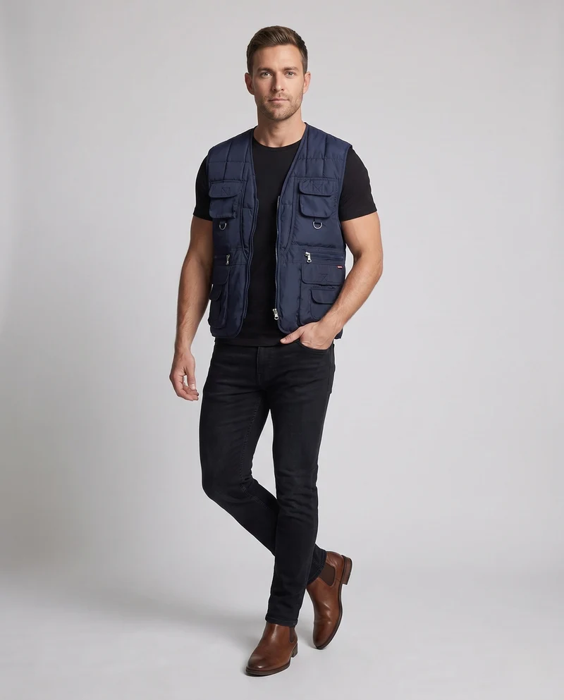 Herren Stepp-Multi-Taschen Outdoor-Weste mit D-Ringen und Frontreißverschluss