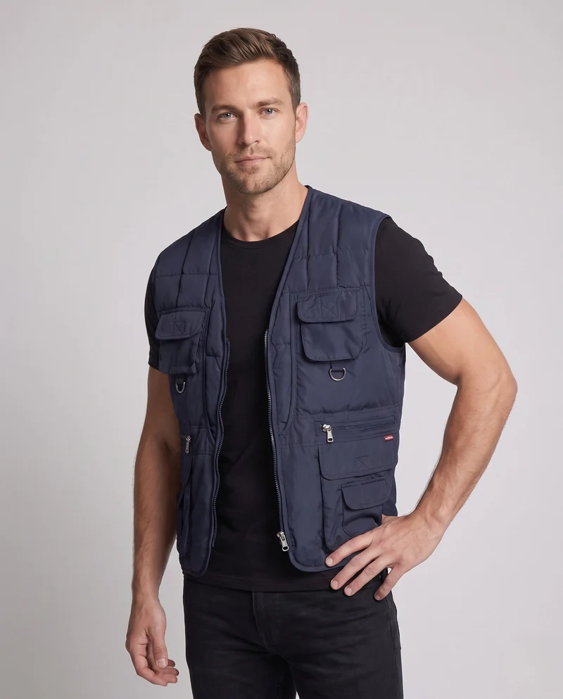 Herren Stepp-Multi-Taschen Outdoor-Weste mit D-Ringen und Frontreißverschluss