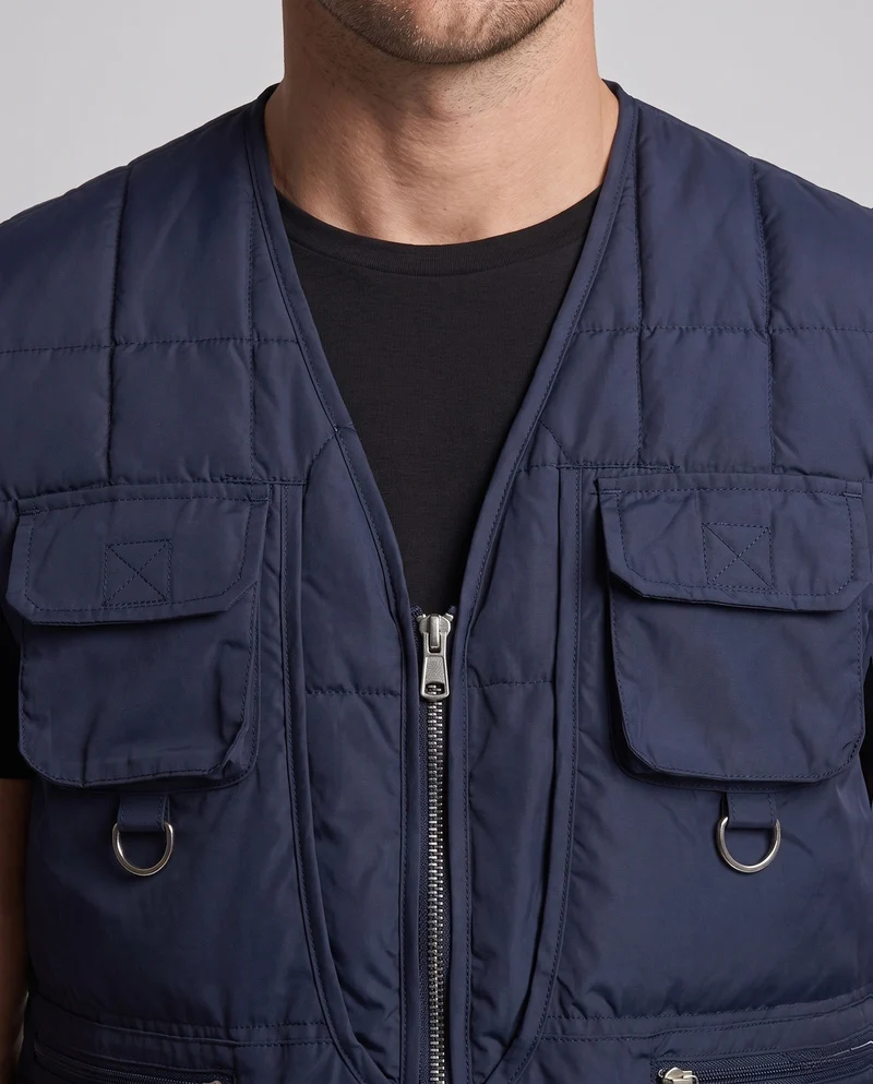 Herren Stepp-Multi-Taschen Outdoor-Weste mit D-Ringen und Frontreißverschluss