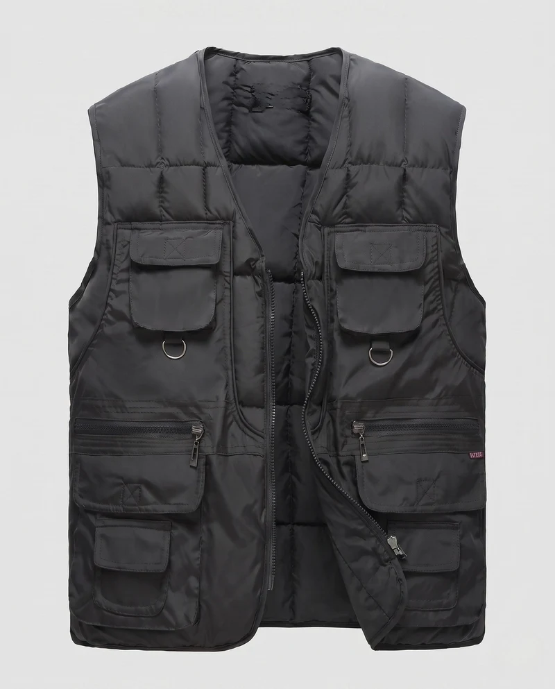 Herren Stepp-Multi-Taschen Outdoor-Weste mit D-Ringen und Frontreißverschluss
