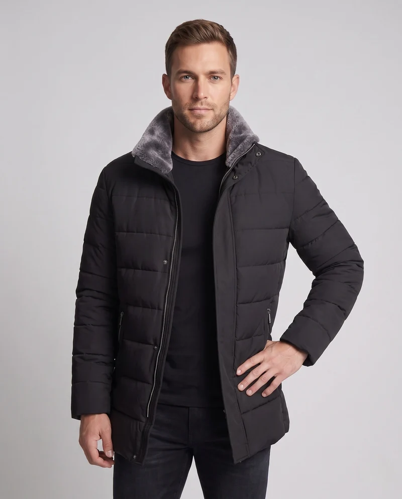 Männer gesteppte Übergangsjacke mit wärmeisolierender Fütterung, Kunstpelz-Stehkragen und 2-Wege-Reißverschluss