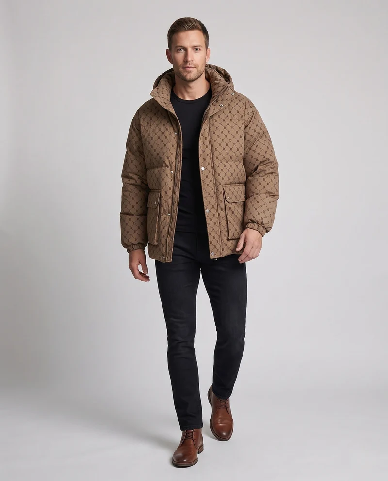 Herren gesteppter oversized Parka mit Kapuze, Allover-Monogramm, Druckknopfblende und großen aufgesetzten Taschen