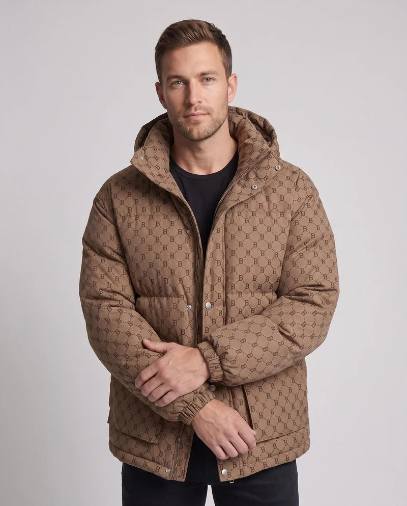 Herren gesteppter oversized Parka mit Kapuze, Allover-Monogramm, Druckknopfblende und großen aufgesetzten Taschen