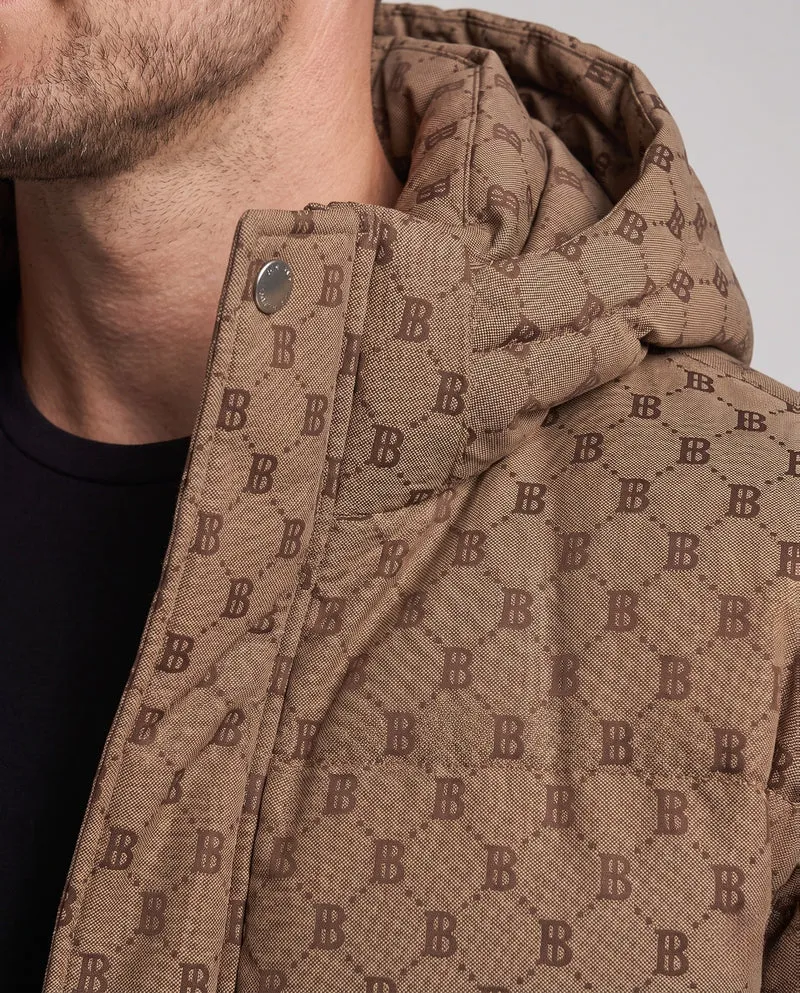 Herren gesteppter oversized Parka mit Kapuze, Allover-Monogramm, Druckknopfblende und großen aufgesetzten Taschen