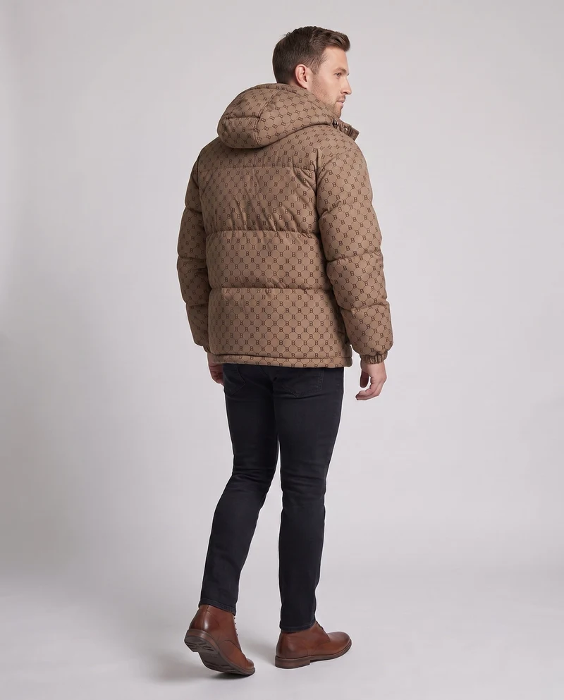 Herren gesteppter oversized Parka mit Kapuze, Allover-Monogramm, Druckknopfblende und großen aufgesetzten Taschen