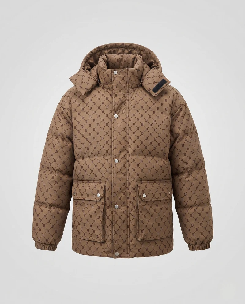 Herren gesteppter oversized Parka mit Kapuze, Allover-Monogramm, Druckknopfblende und großen aufgesetzten Taschen