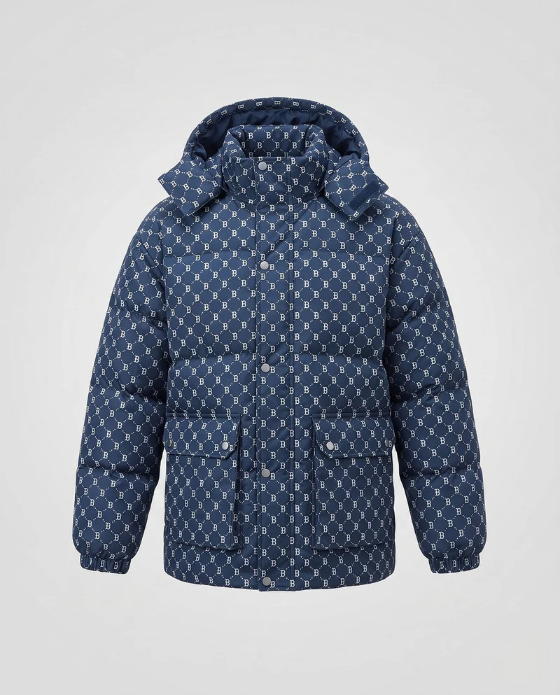 Herren gesteppter oversized Parka mit Kapuze, Allover-Monogramm, Druckknopfblende und großen aufgesetzten Taschen
