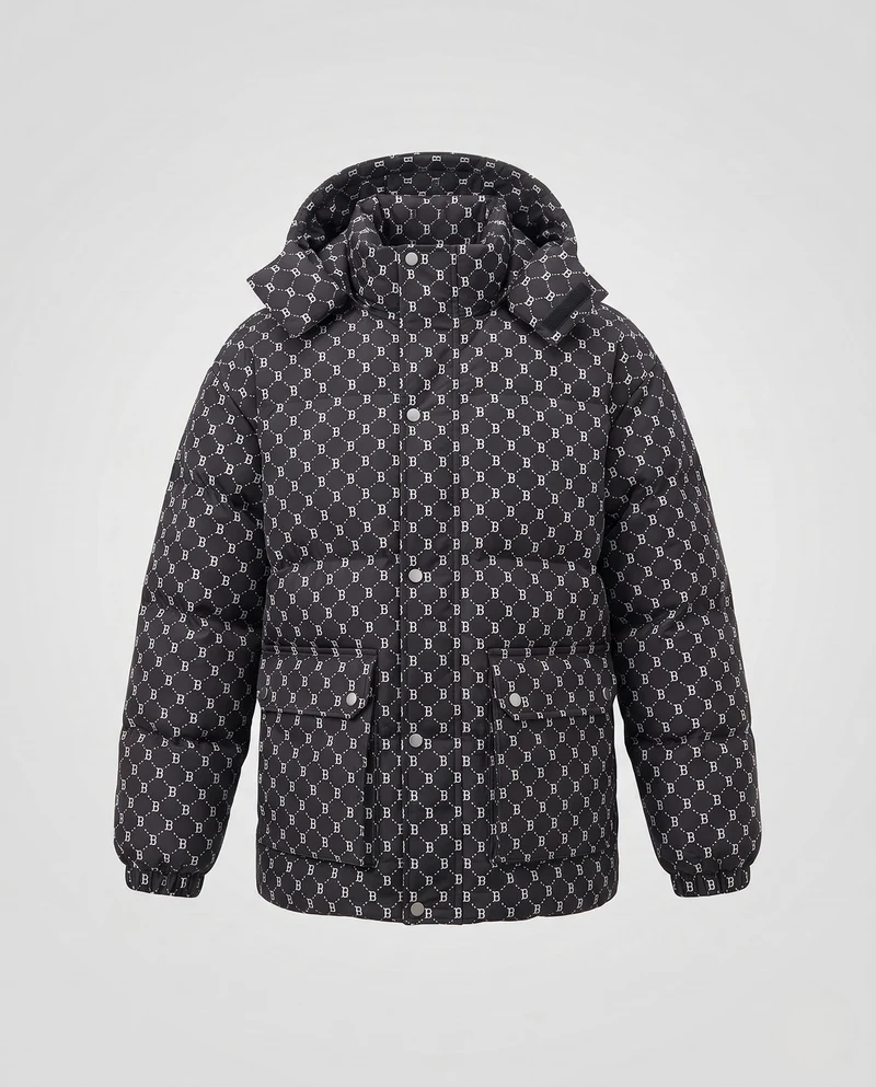 Herren gesteppter oversized Parka mit Kapuze, Allover-Monogramm, Druckknopfblende und großen aufgesetzten Taschen