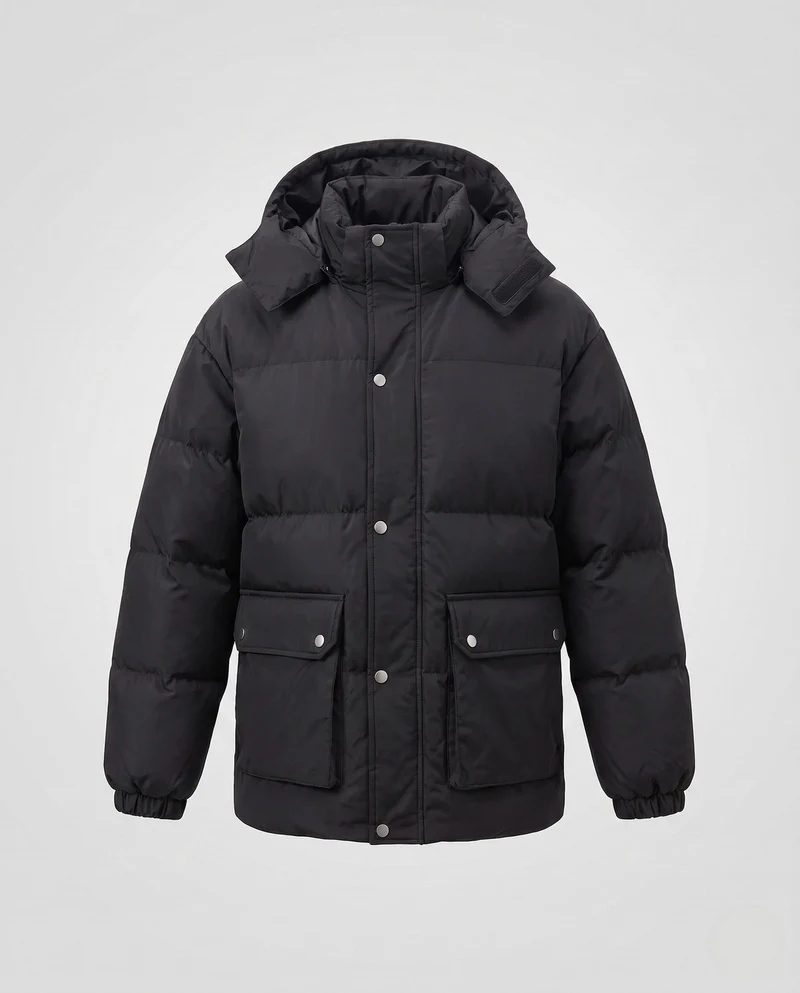 Herren gesteppter oversized Parka mit Kapuze, Allover-Monogramm, Druckknopfblende und großen aufgesetzten Taschen