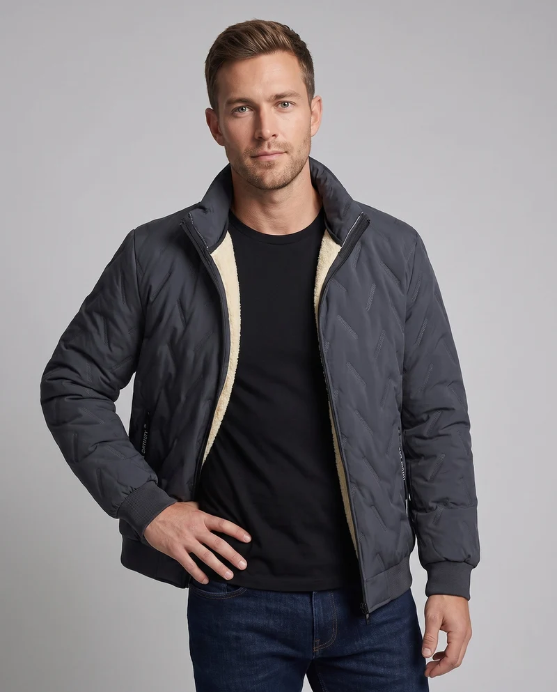 Herren gesteppte Winterblouson mit Sherpa-Futter, hohem Stehkragen und verdeckten Reißverschlusstaschen